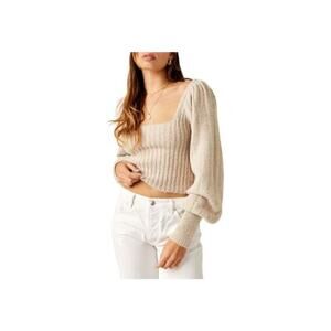 NWT Free People Katie Pullover Sweater Scoop Neck Ribbed Knit Beige Womens Large